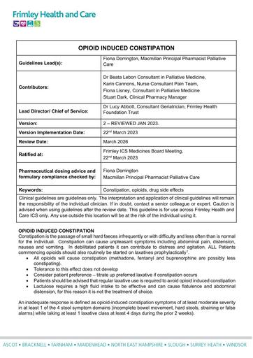 Management of opioid induced constipation