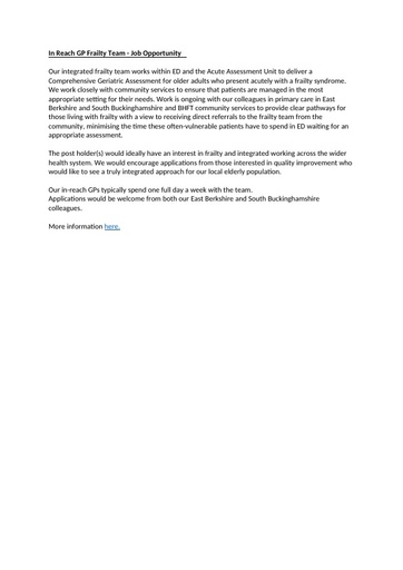 In Reach GP Frailty Team   Job Opportunity