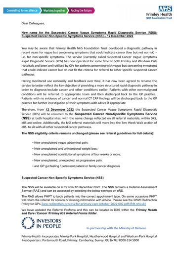 SERVICE NAME CHANGE Suspected Non Specific Symptoms Final 07 12 2022 Version 2