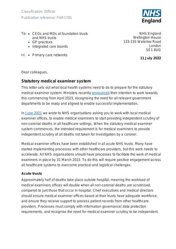 B1701 Letter to all NHS organisations re the timing of the statutory medical examiner system July 2022
