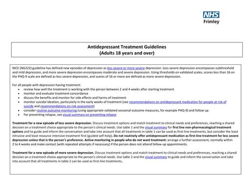 Antidepressant treatment algorithm (adults >18 yrs)