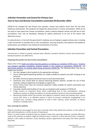 Infection Prevention and Control for Primary Care Face to face Updated December 2021