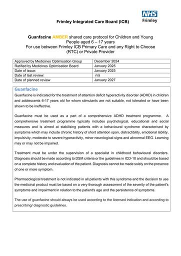 Guanfacine - shared care  for CYP (Psicon)
