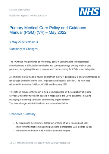 B1420 Primary Medical Care Policy and Guidance Manual (PGM) (V4) May 2022 Summary of Changes