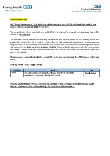 Frimley North 2WW Breast Service Moving from a DBS to a RAS 05 04 2022