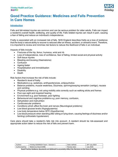 Medicines and falls prevention in care homes- good practice guide