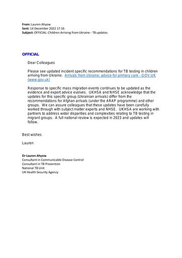 Children arriving from Ukraine - TB updates