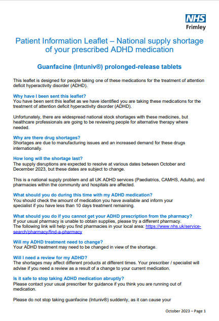Guanfacine supply shortage- patient information leaflet