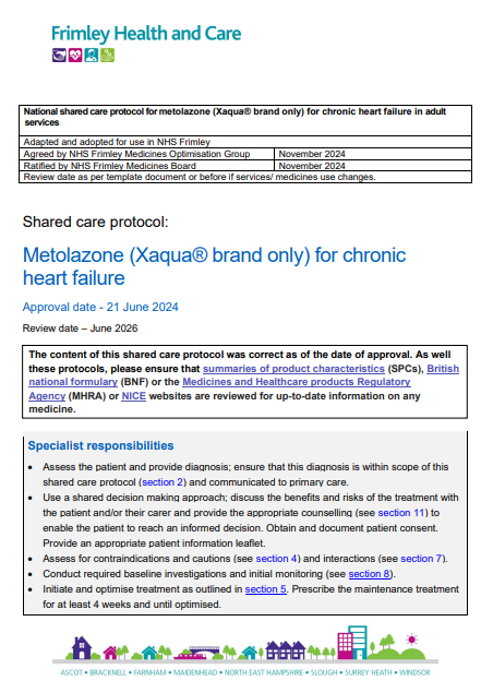 Metolazone (Xaqua® brand only) for chronic heart failure in adult services- shared care