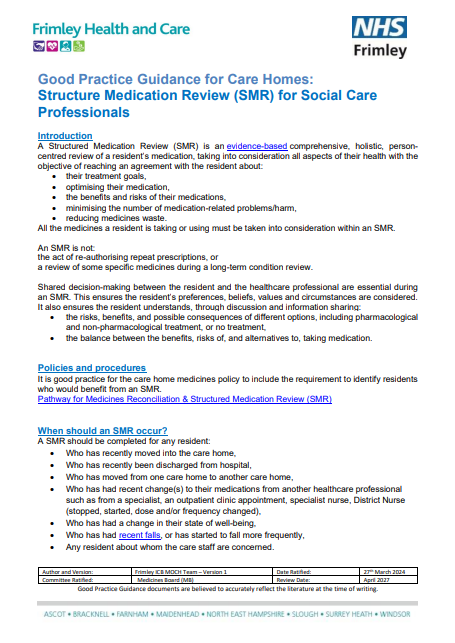 Structure Medication Review (SMR) for social care professionals- a good practice guide