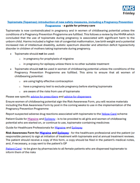 Topiramate pregnancy prevention programme - guidance for general practice